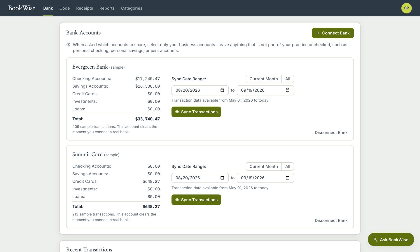 BookWise Bank tab with connected accounts and balances