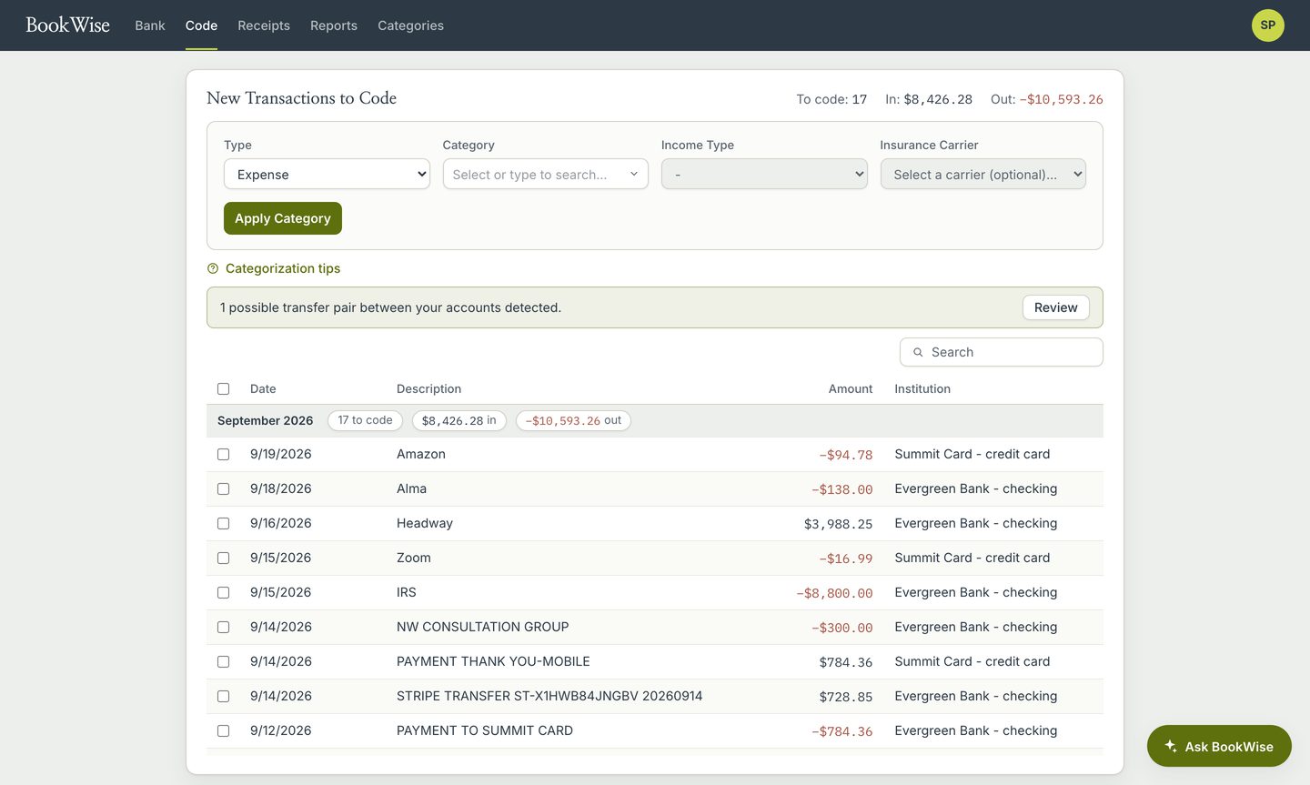 BookWise Code tab with new transactions to code and category suggestions