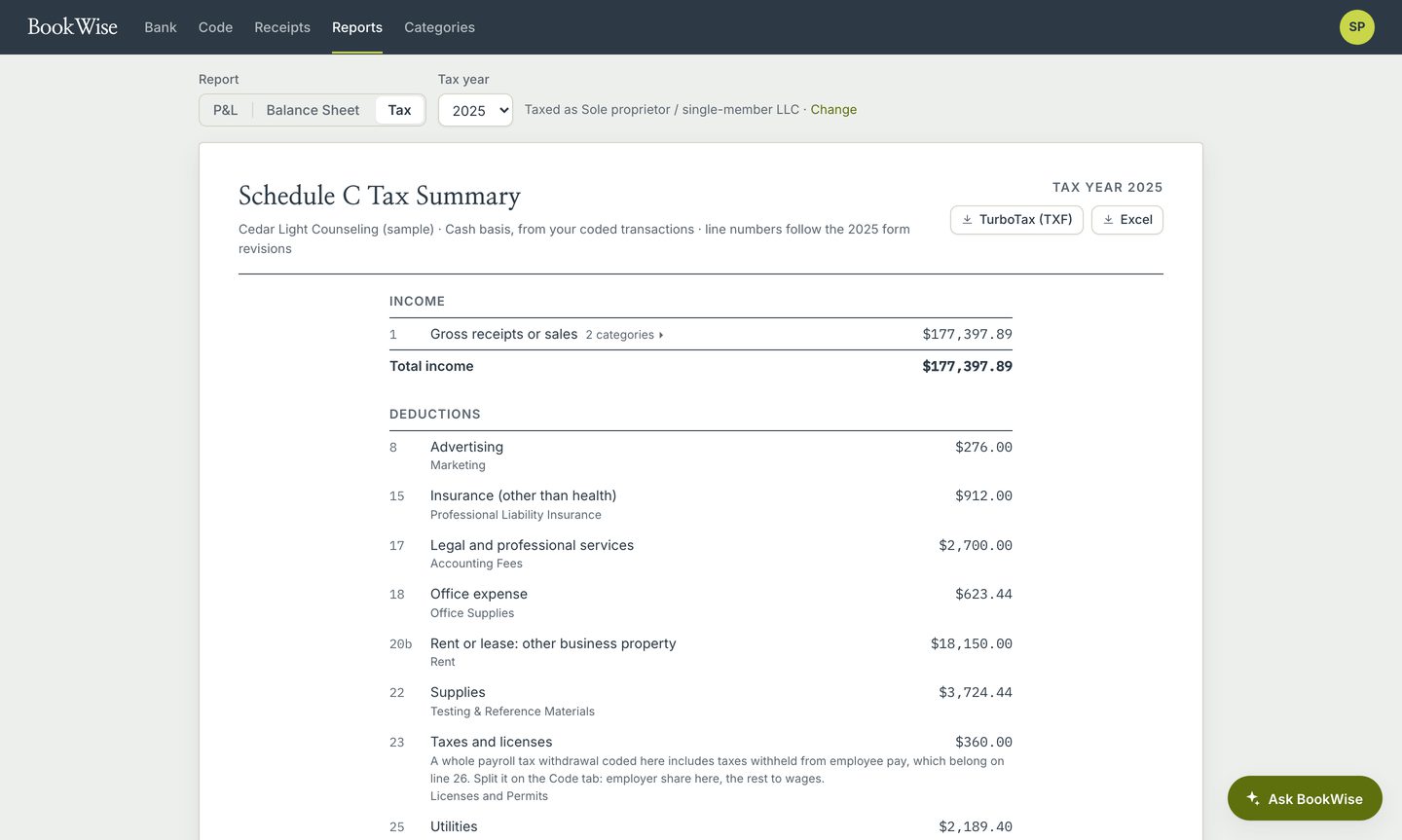 BookWise Schedule C tax summary with line numbers