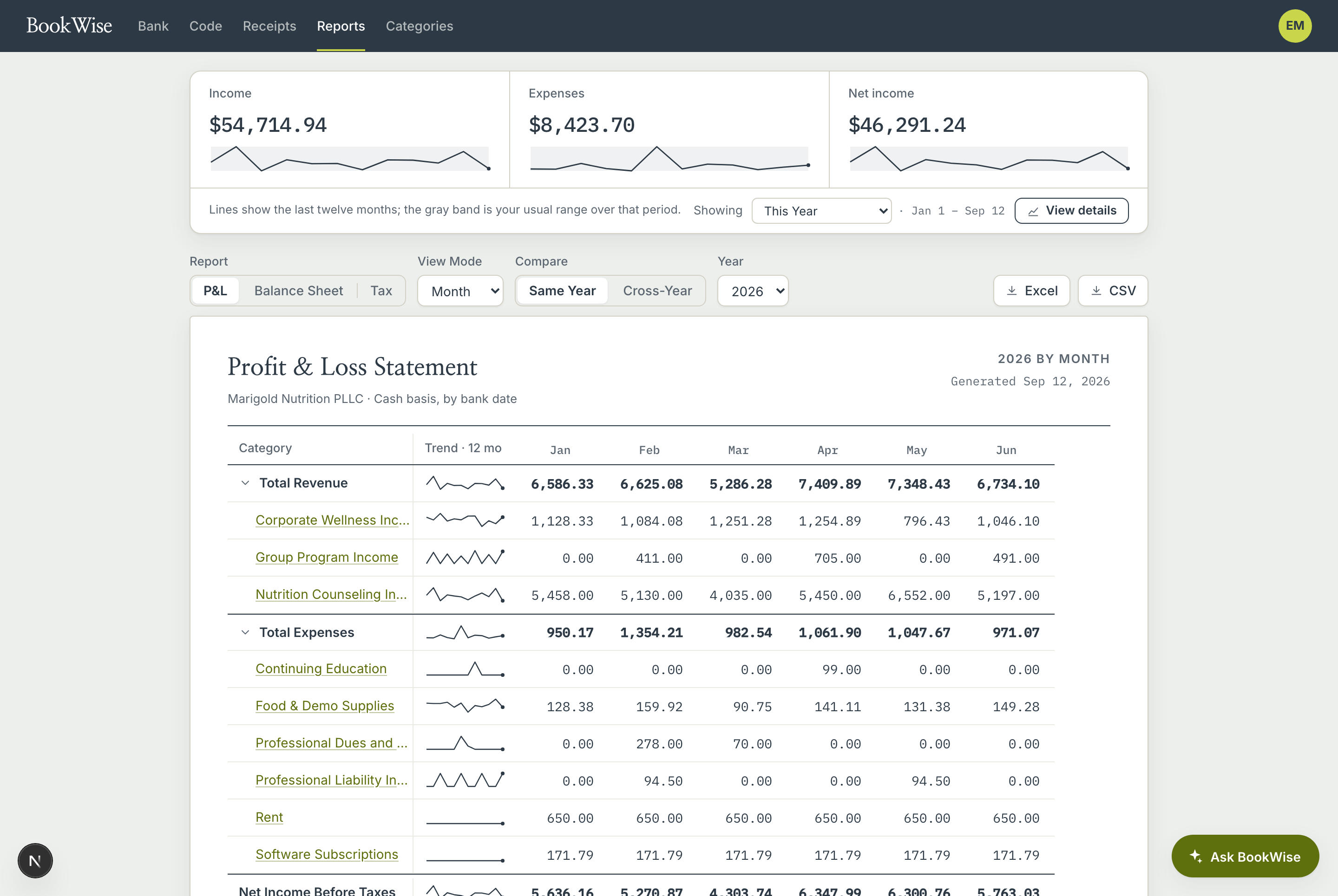 BookWise Financial Summary showing revenue and expense categories month by month across a sample nutrition practice
