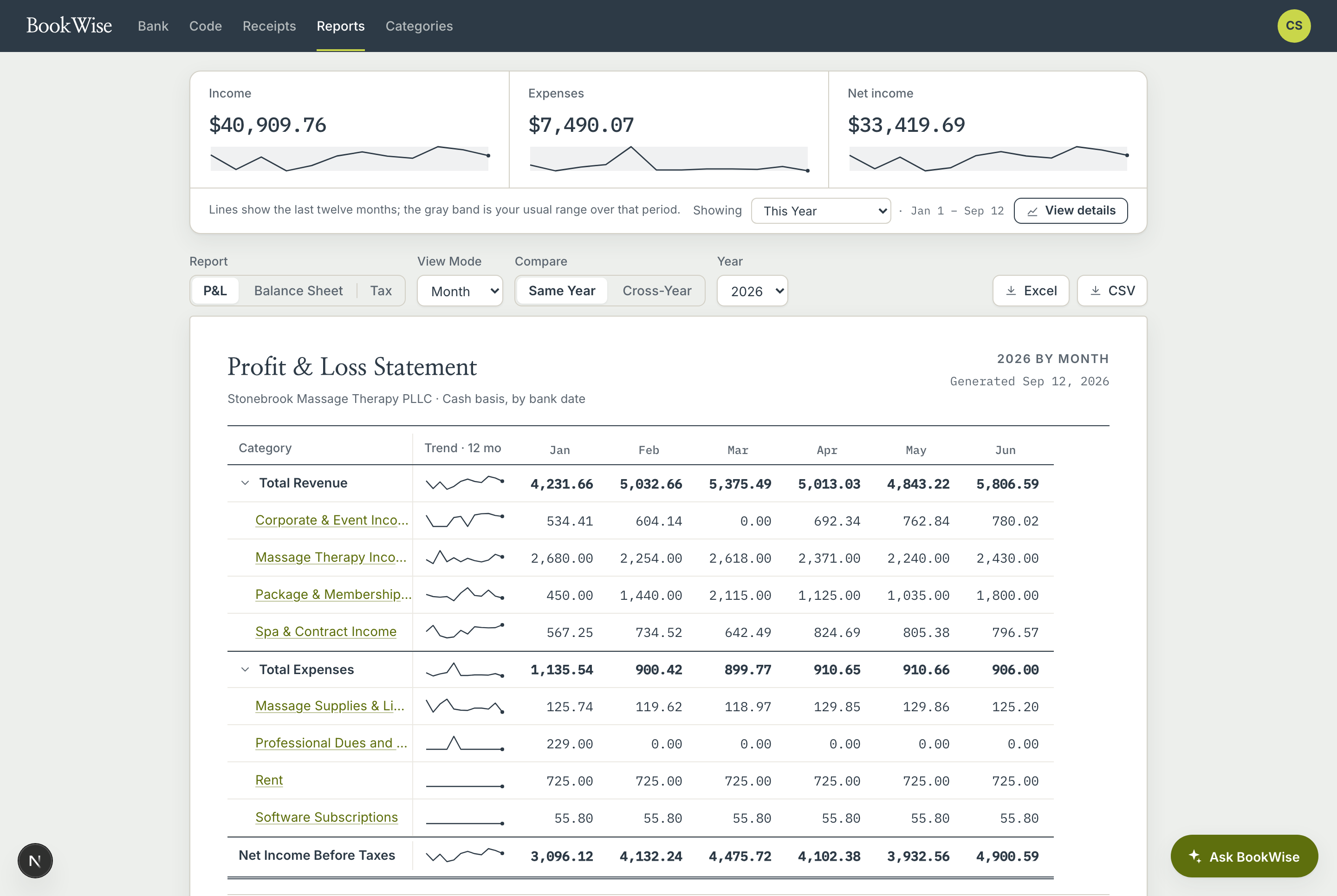 BookWise Financial Summary showing revenue and expense categories month by month across a sample massage therapy practice