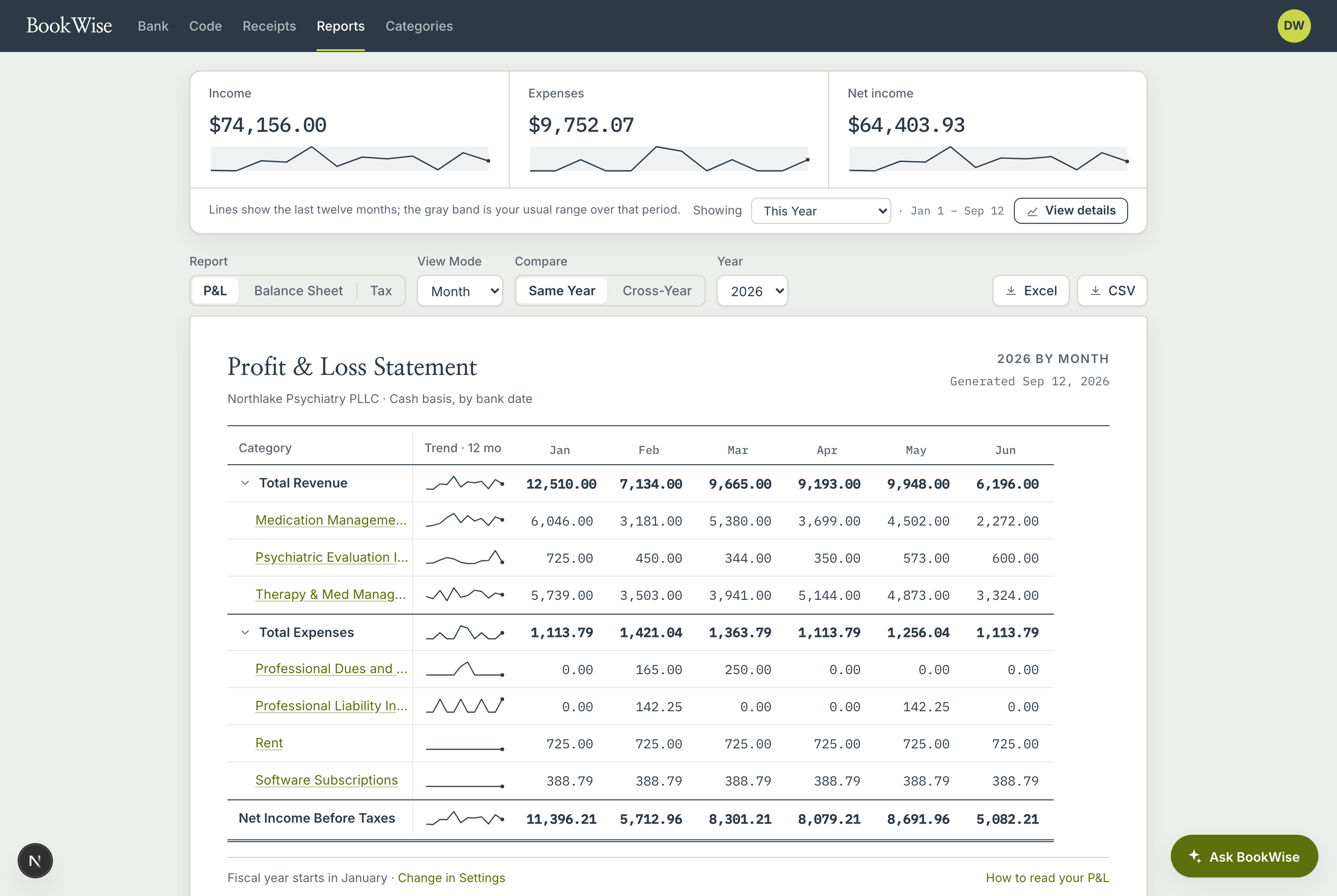 BookWise Financial Summary showing revenue and expense categories month by month across a sample psychiatric practice